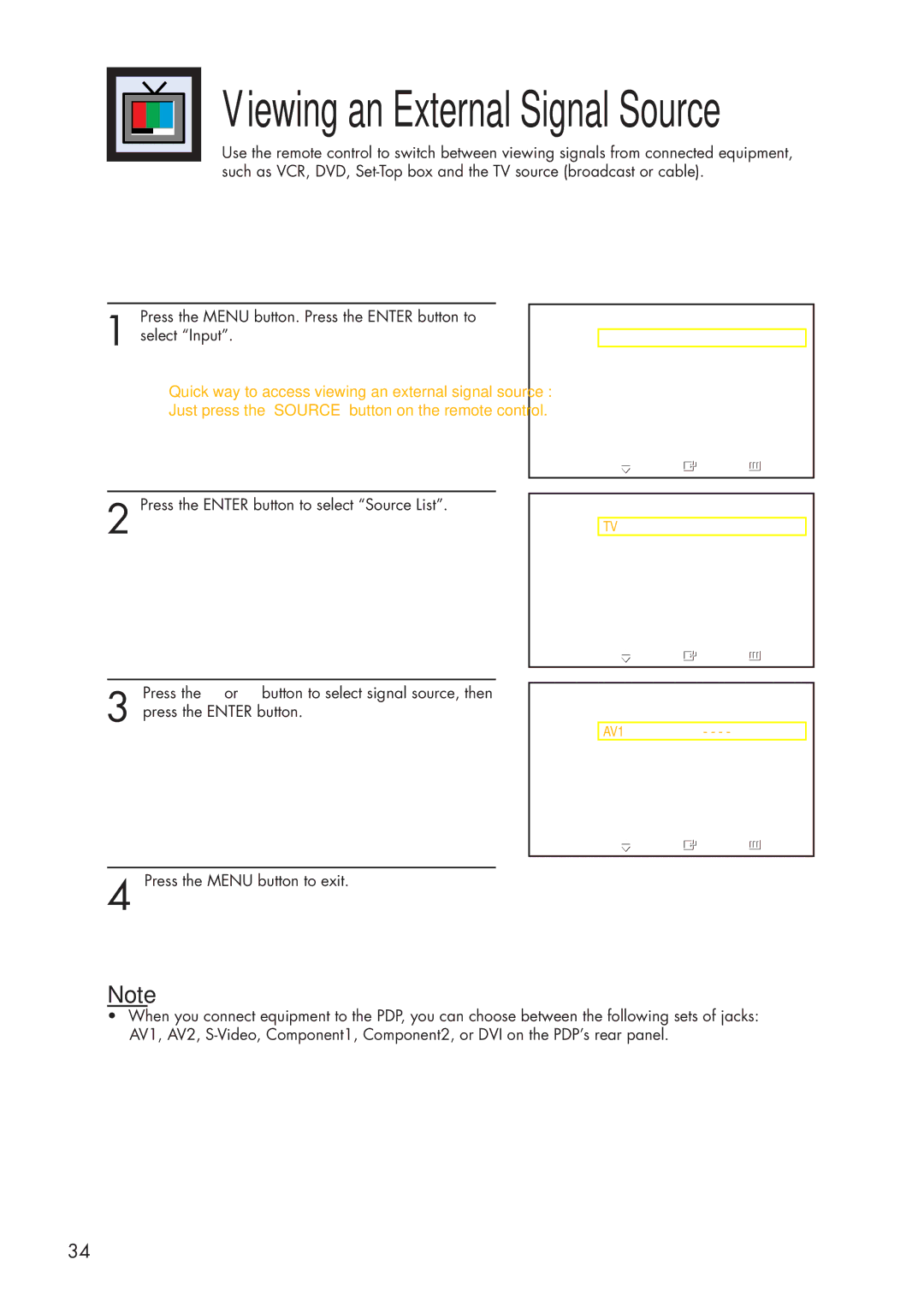 Samsung HP-P3761 manual Viewing an External Signal Source, Setting the Signal Source 