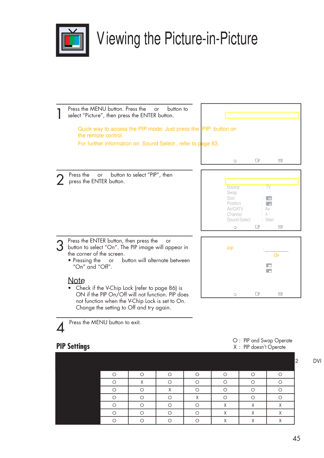 Samsung HP-P3761 manual Viewing the Picture-in-Picture, Selecting the PIP Screen 