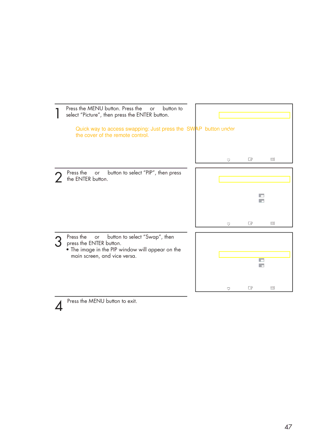 Samsung HP-P3761 manual Swapping the Contents of the PIP and Main Image 