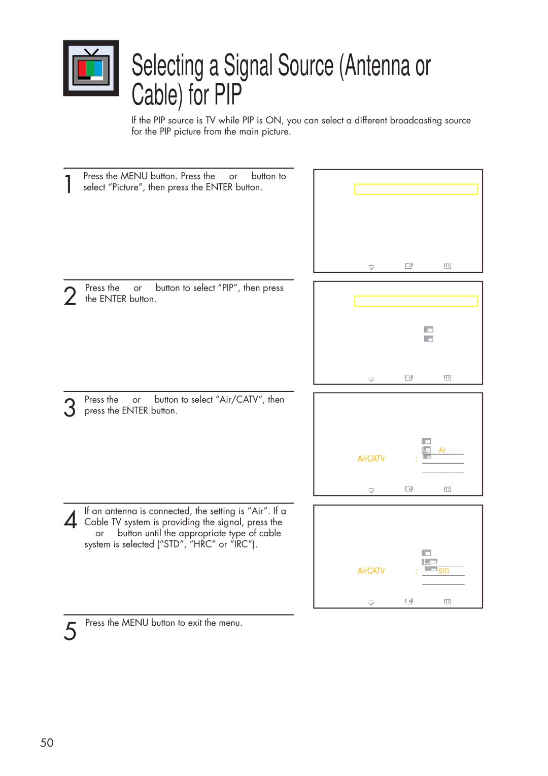 Samsung HP-P3761 manual Selecting a Signal Source Antenna or Cable for PIP 