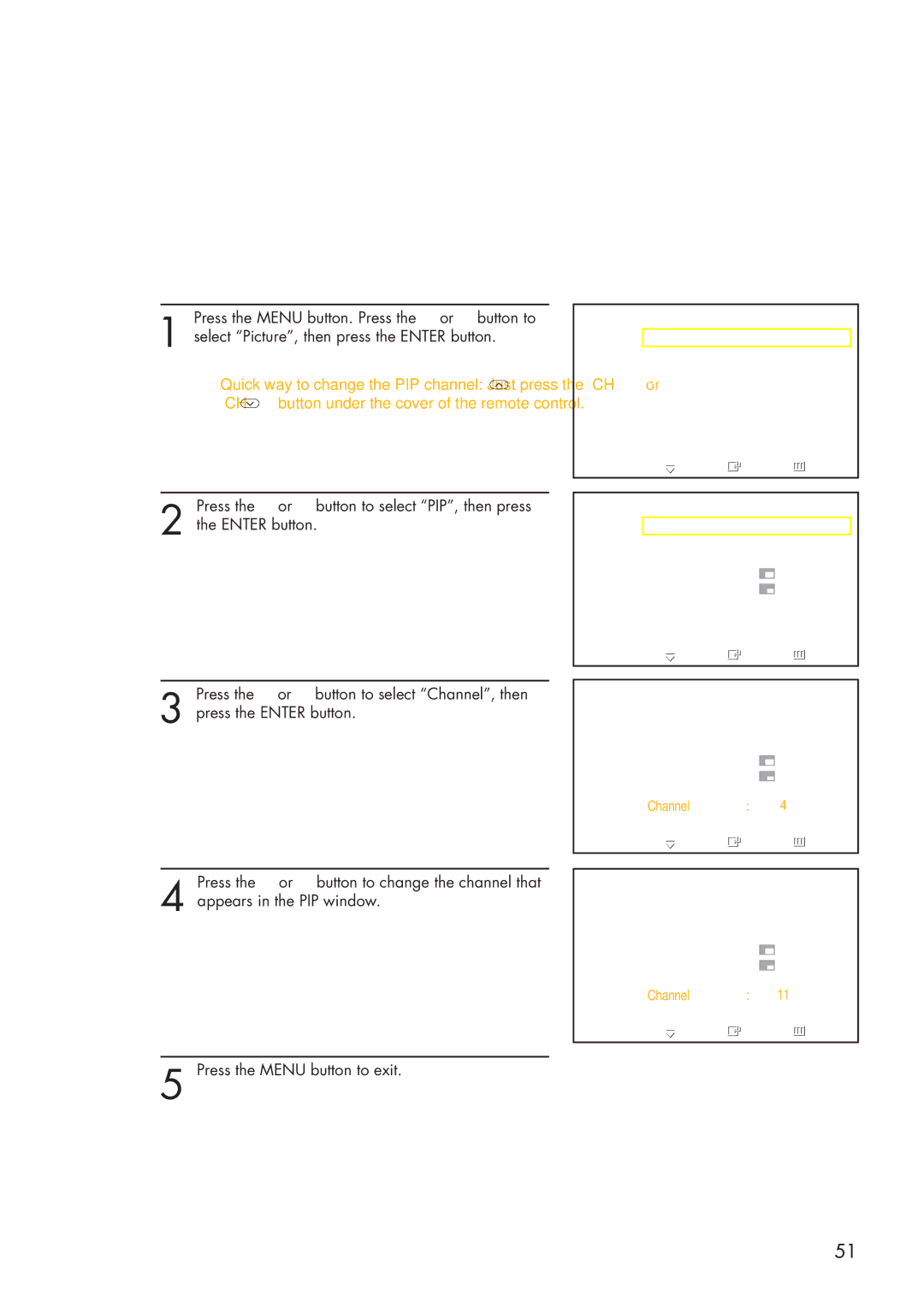 Samsung HP-P3761 manual Changing the PIP Channel 