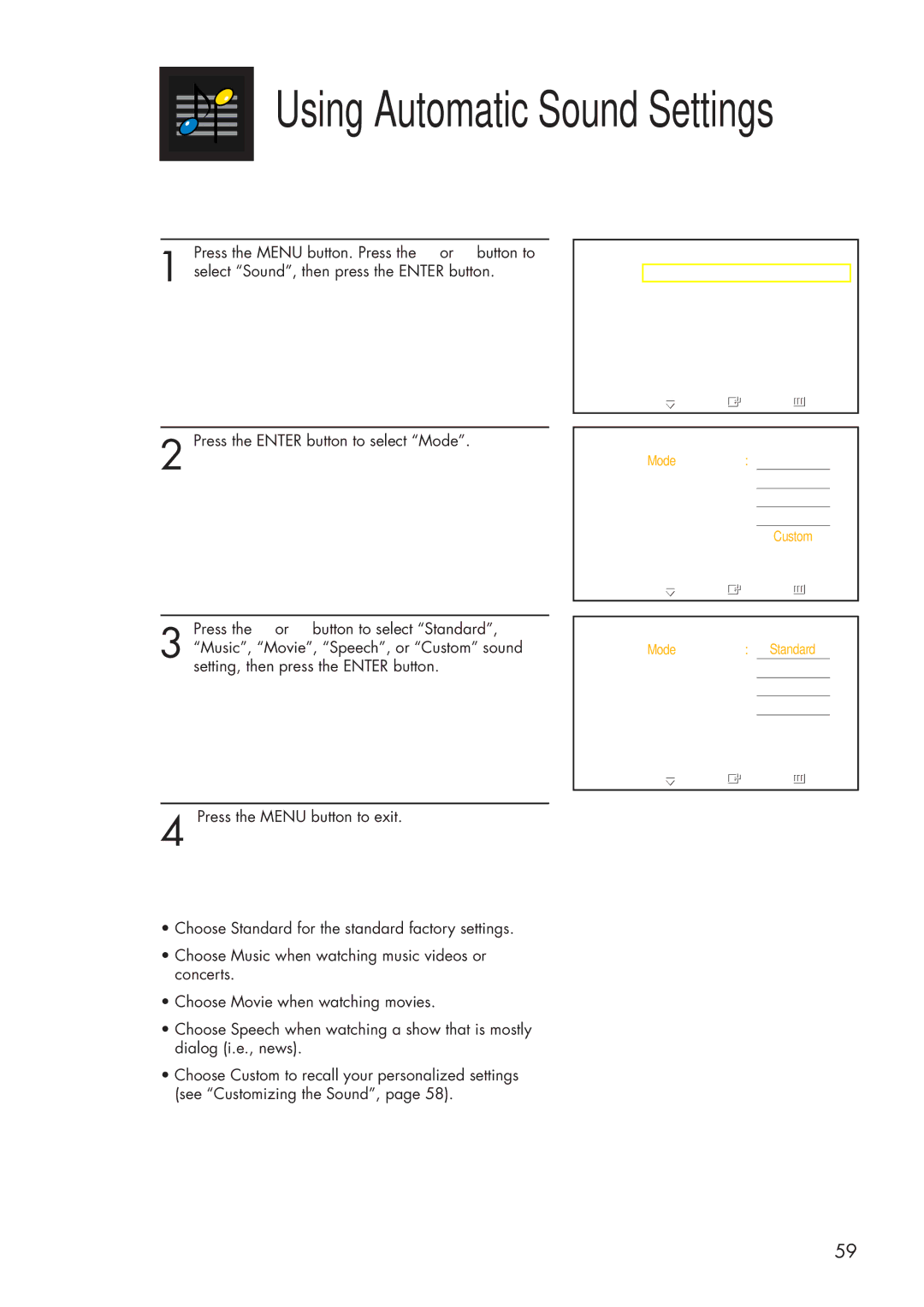 Samsung HP-P3761 manual Using Automatic Sound Settings 