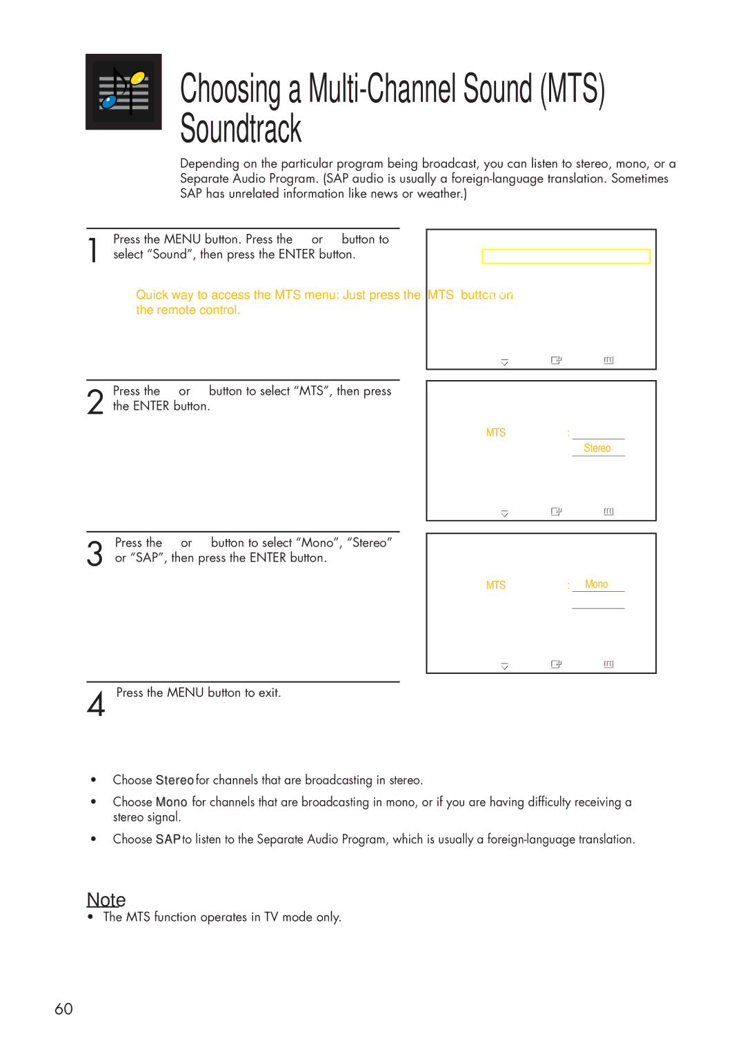 Samsung HP-P3761 manual Choosing a Multi-Channel Sound MTS Soundtrack 