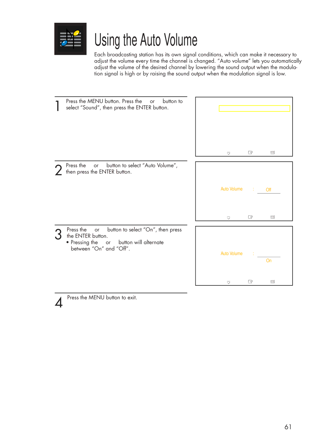 Samsung HP-P3761 manual Using the Auto Volume 