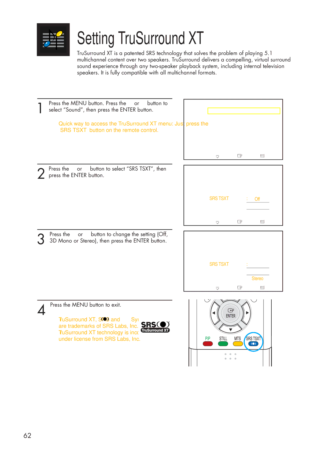 Samsung HP-P3761 manual Setting TruSurround XT, TruSurround XT, SRS and Symbol 