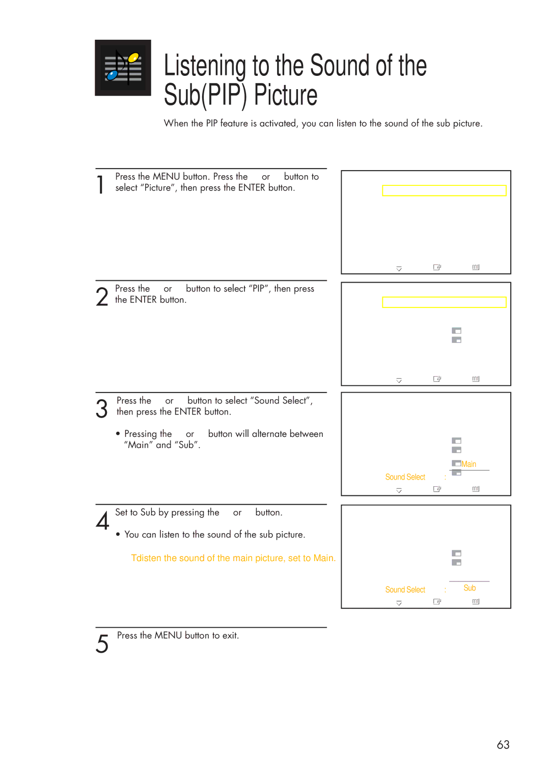 Samsung HP-P3761 manual Listening to the Sound of the SubPIP Picture 