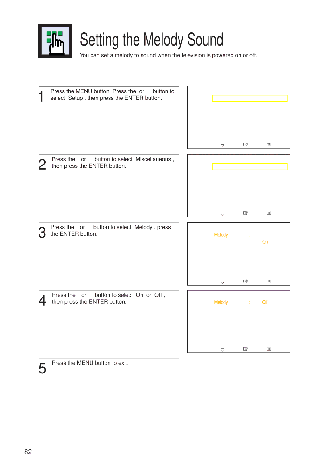 Samsung HP-P3761 manual Setting the Melody Sound 