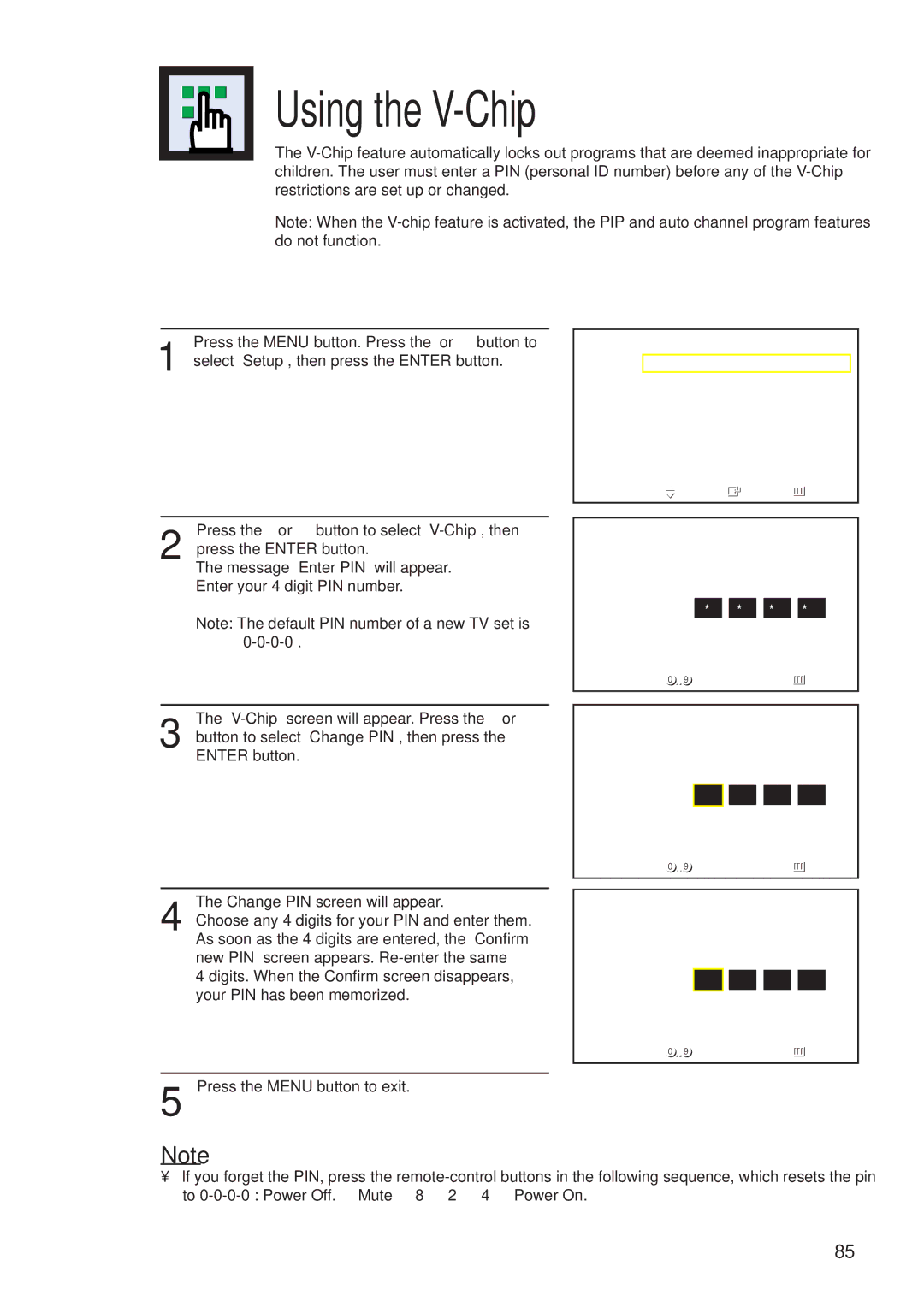 Samsung HP-P3761 manual Using the V-Chip, Setting Up Your Personal ID Number PIN 