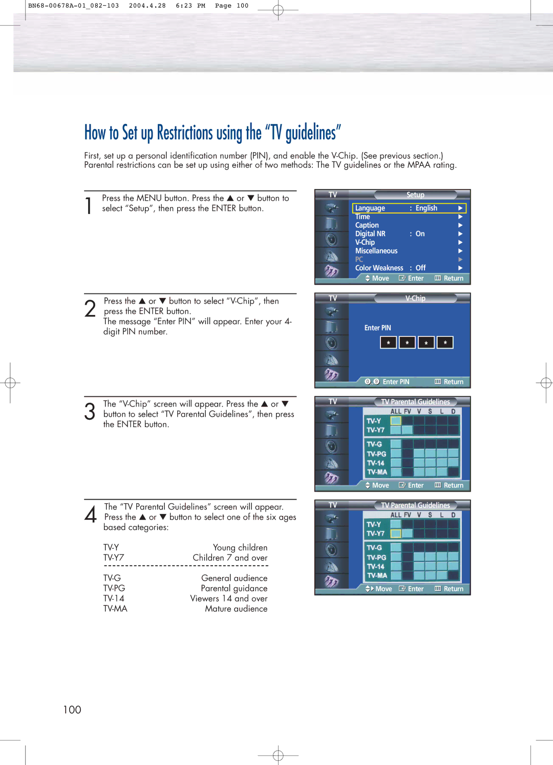 Samsung HP-P4261 manual How to Set up Restrictions using the TV guidelines, Tv-Ma 