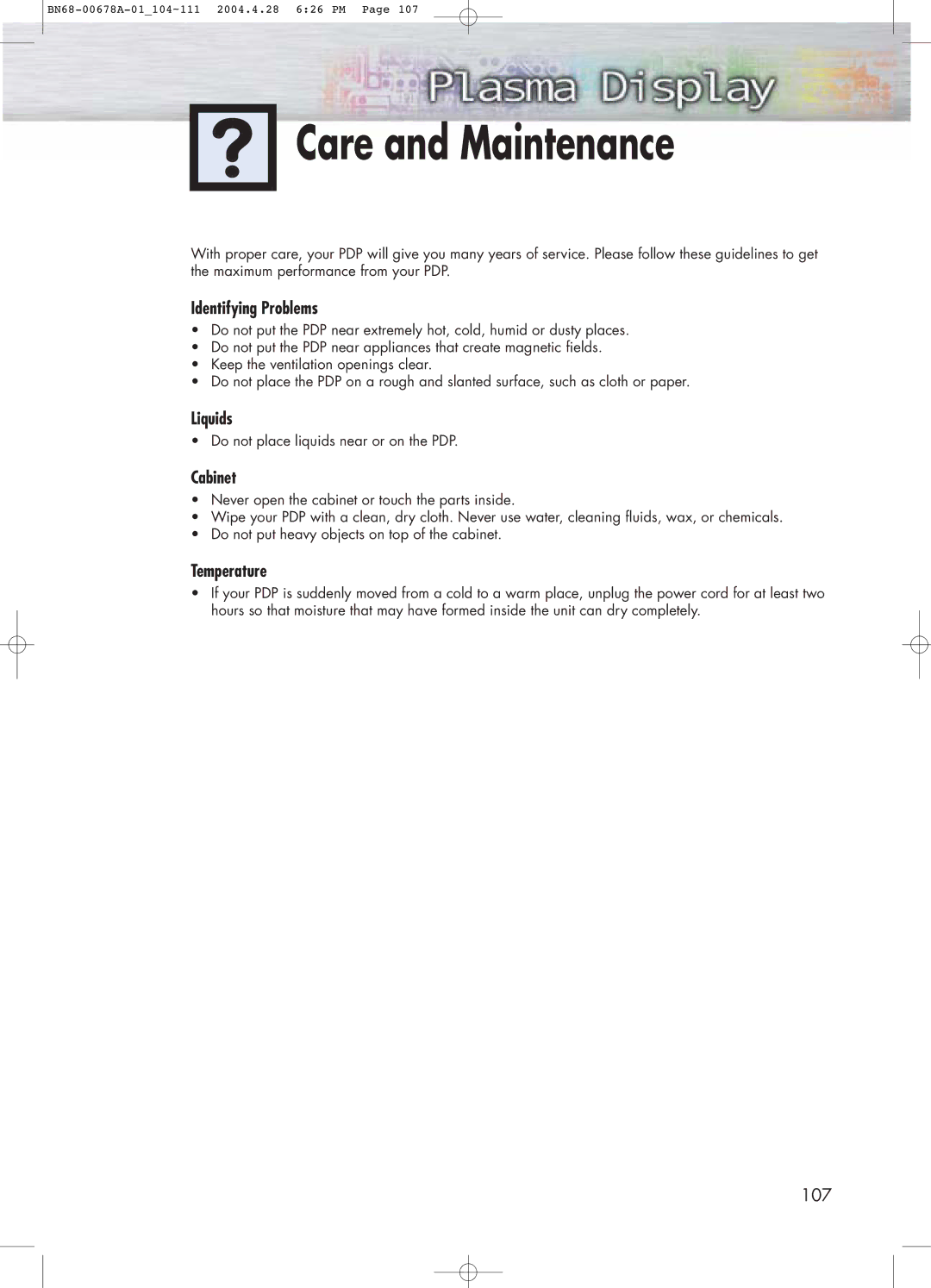 Samsung HP-P4261 manual Care and Maintenance, Identifying Problems, Liquids, Cabinet, Temperature 