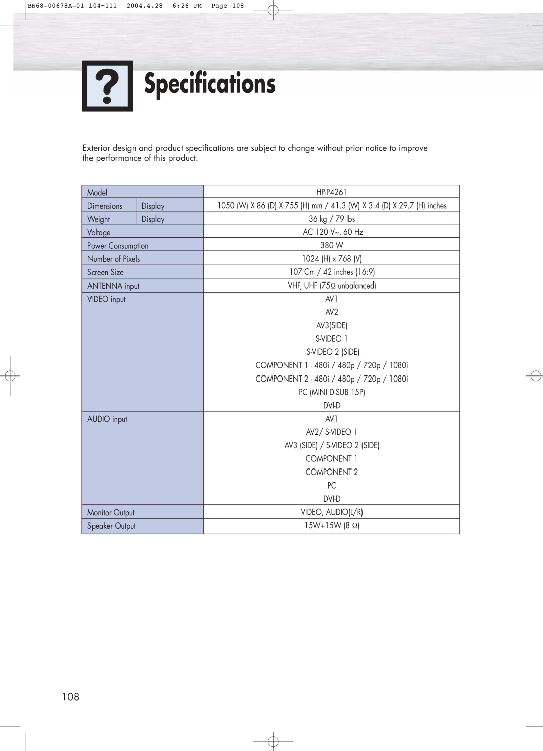 Samsung HP-P4261 manual Specifications, Video input 