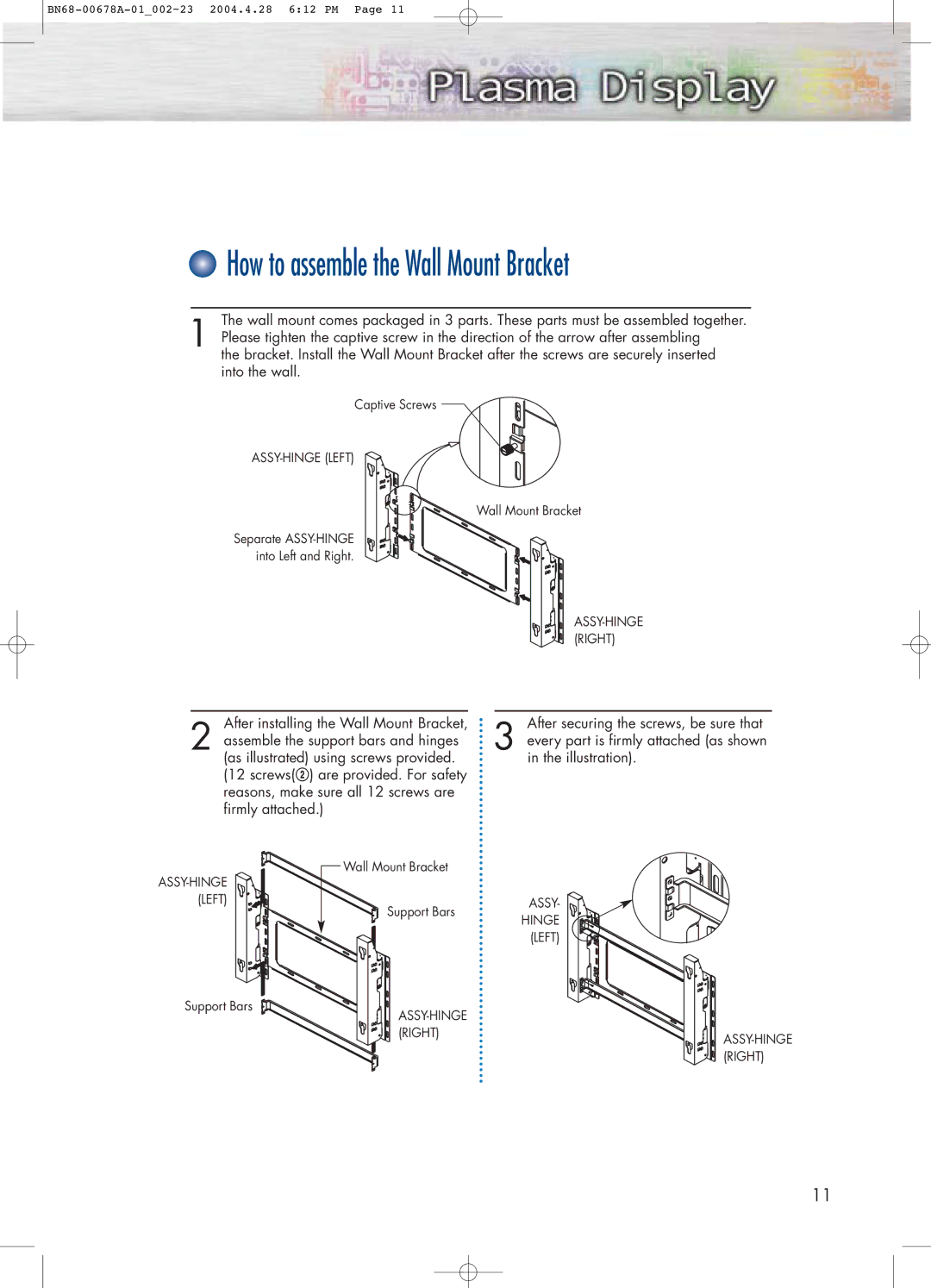 Samsung HP-P4261 manual How to assemble the Wall Mount Bracket 