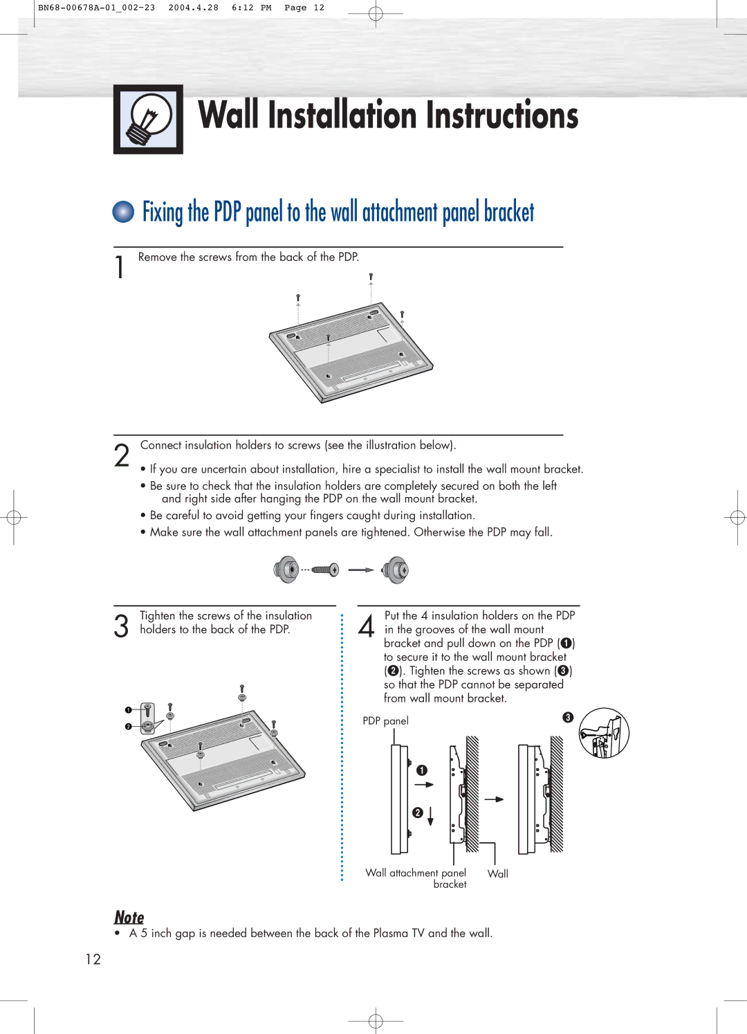 Samsung HP-P4261 manual Fixing the PDP panel to the wall attachment panel bracket 