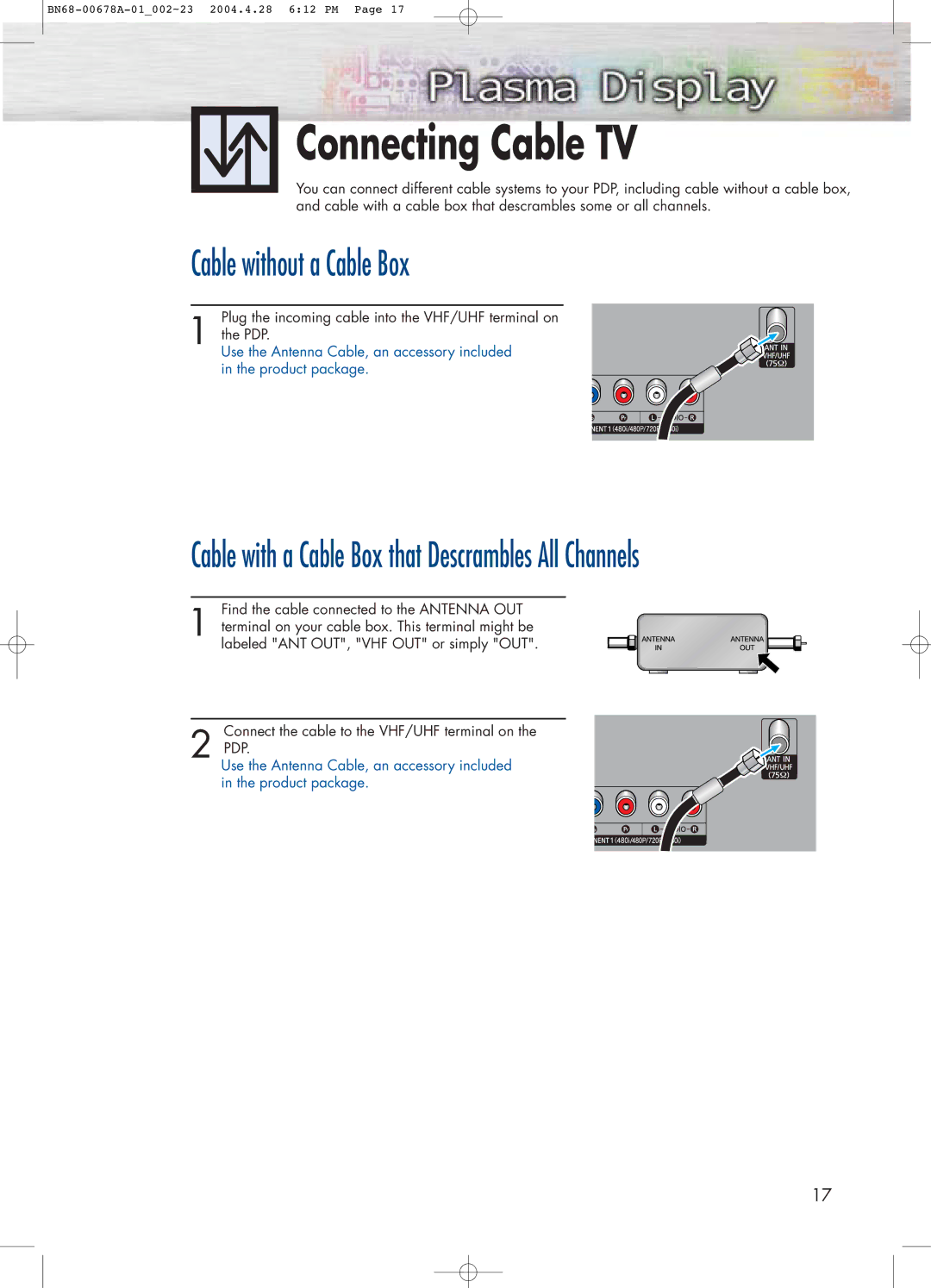 Samsung HP-P4261 manual Connecting Cable TV, Cable without a Cable Box 