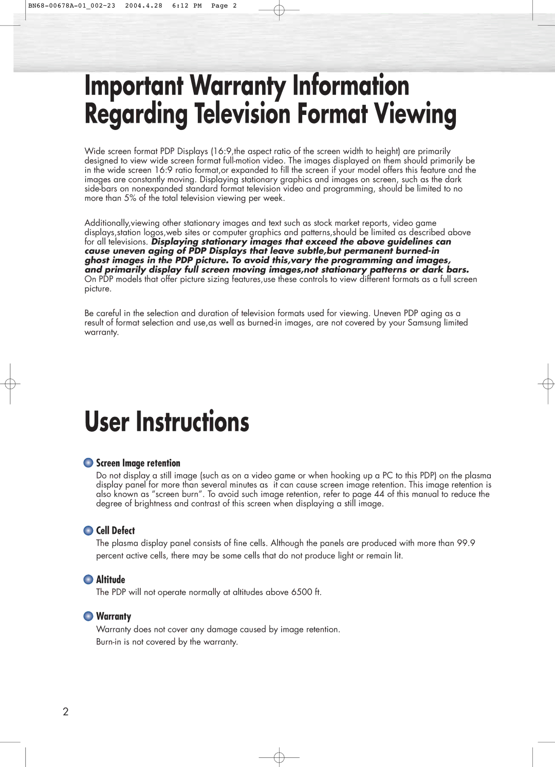 Samsung HP-P4261 manual User Instructions, Screen Image retention, Cell Defect, Altitude, Warranty 