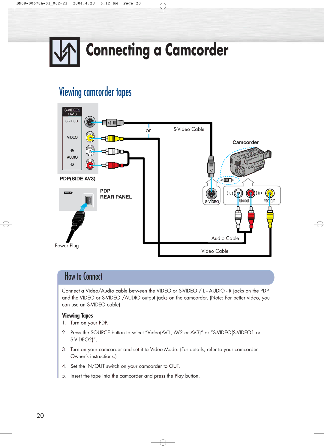 Samsung HP-P4261 manual Connecting a Camcorder, Viewing camcorder tapes, Viewing Tapes 