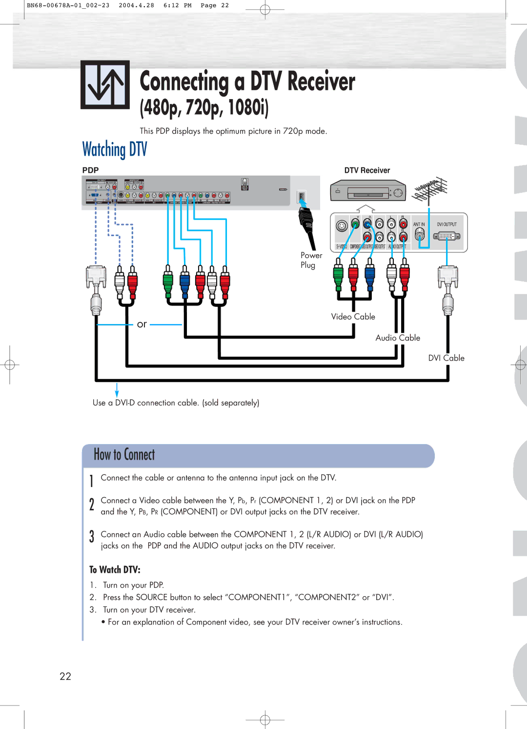 Samsung HP-P4261 manual Connecting a DTV Receiver, Watching DTV, To Watch DTV 