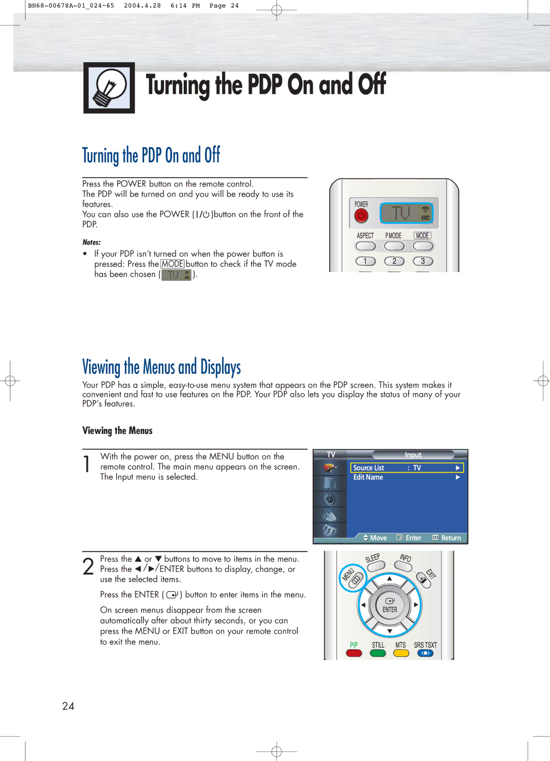 Samsung HP-P4261 manual Turning the PDP On and Off, Viewing the Menus and Displays 