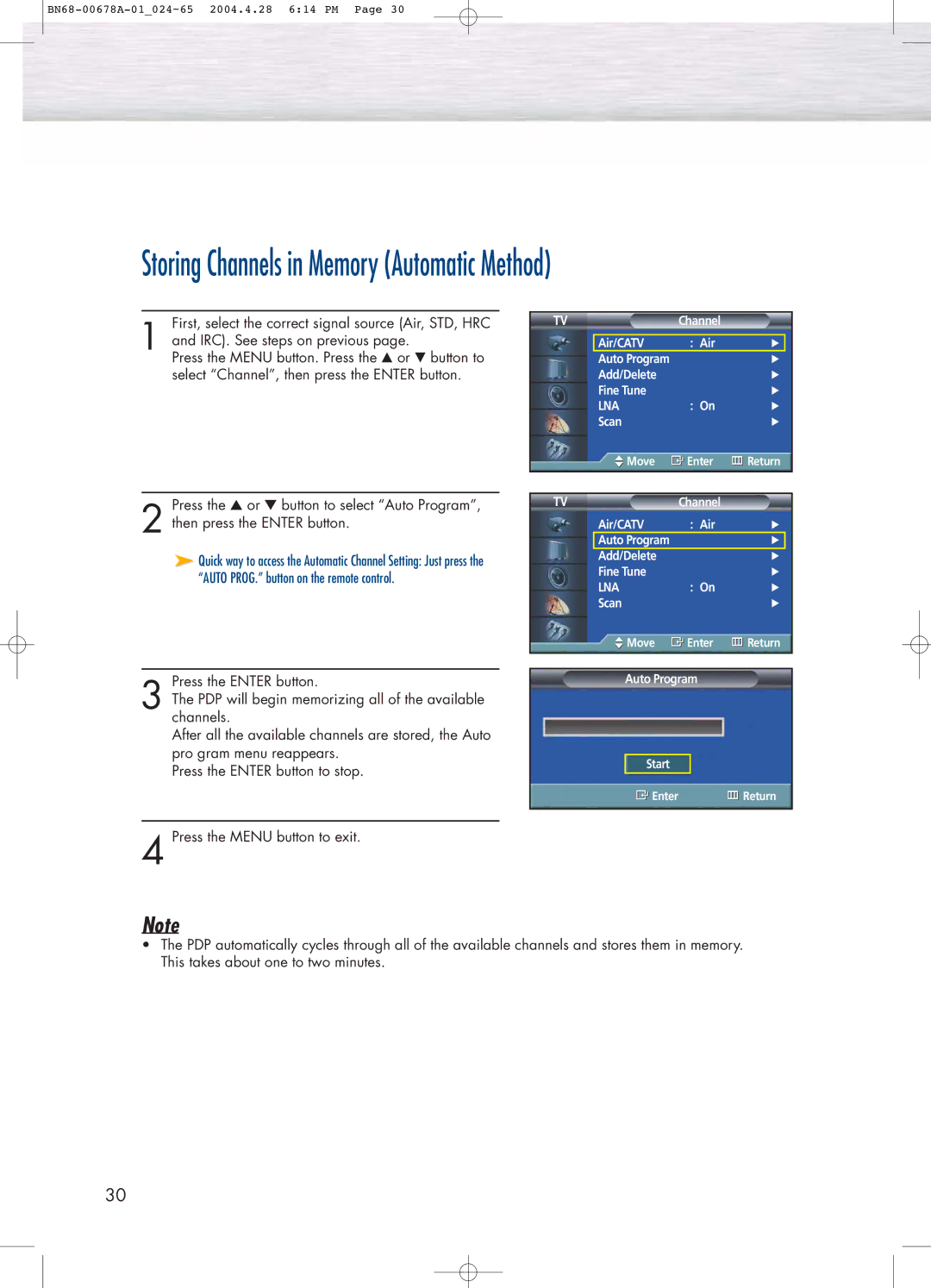 Samsung HP-P4261 manual Storing Channels in Memory Automatic Method 