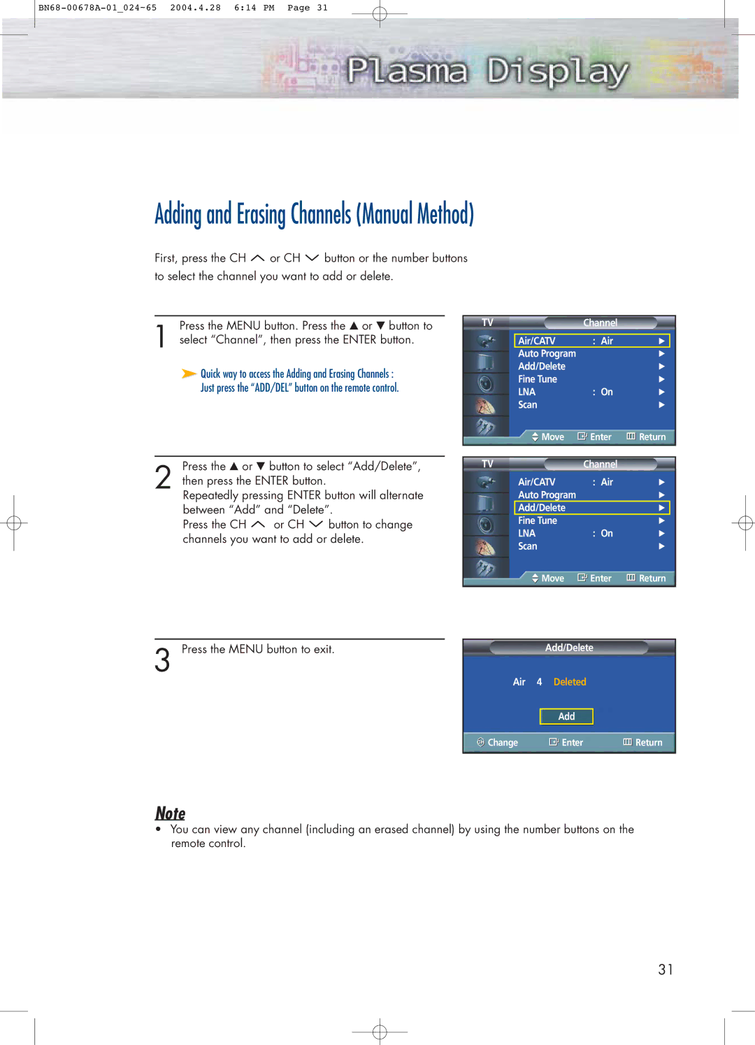 Samsung HP-P4261 manual Adding and Erasing Channels Manual Method 