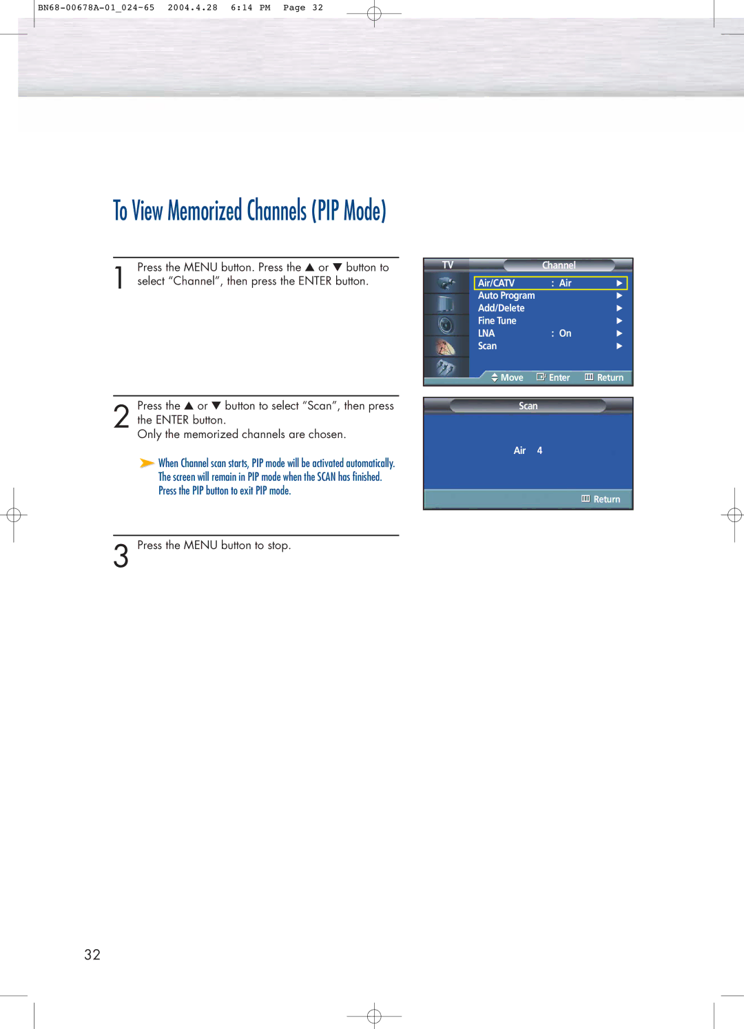 Samsung HP-P4261 manual To View Memorized Channels PIP Mode 