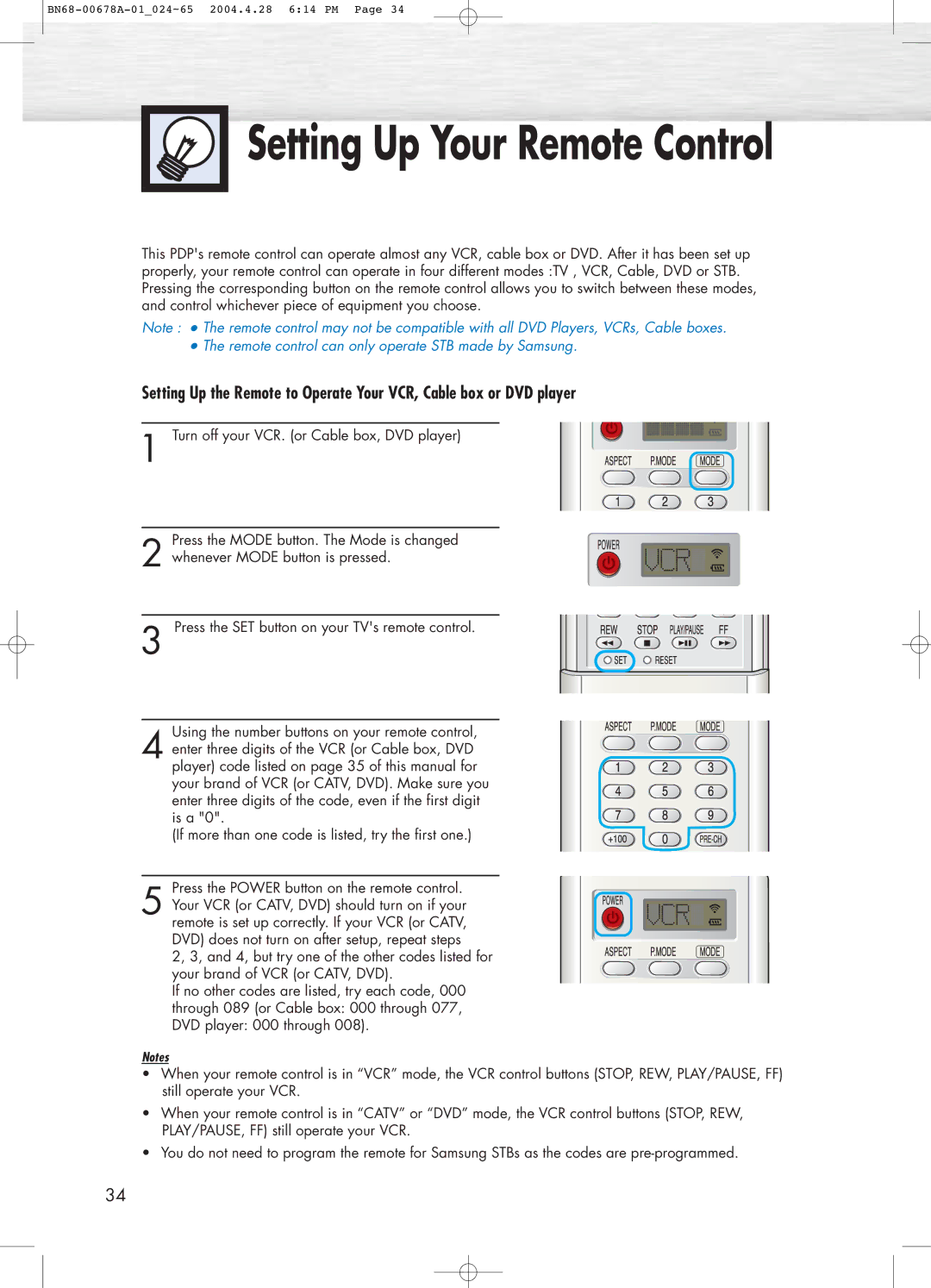 Samsung HP-P4261 manual Setting Up Your Remote Control 