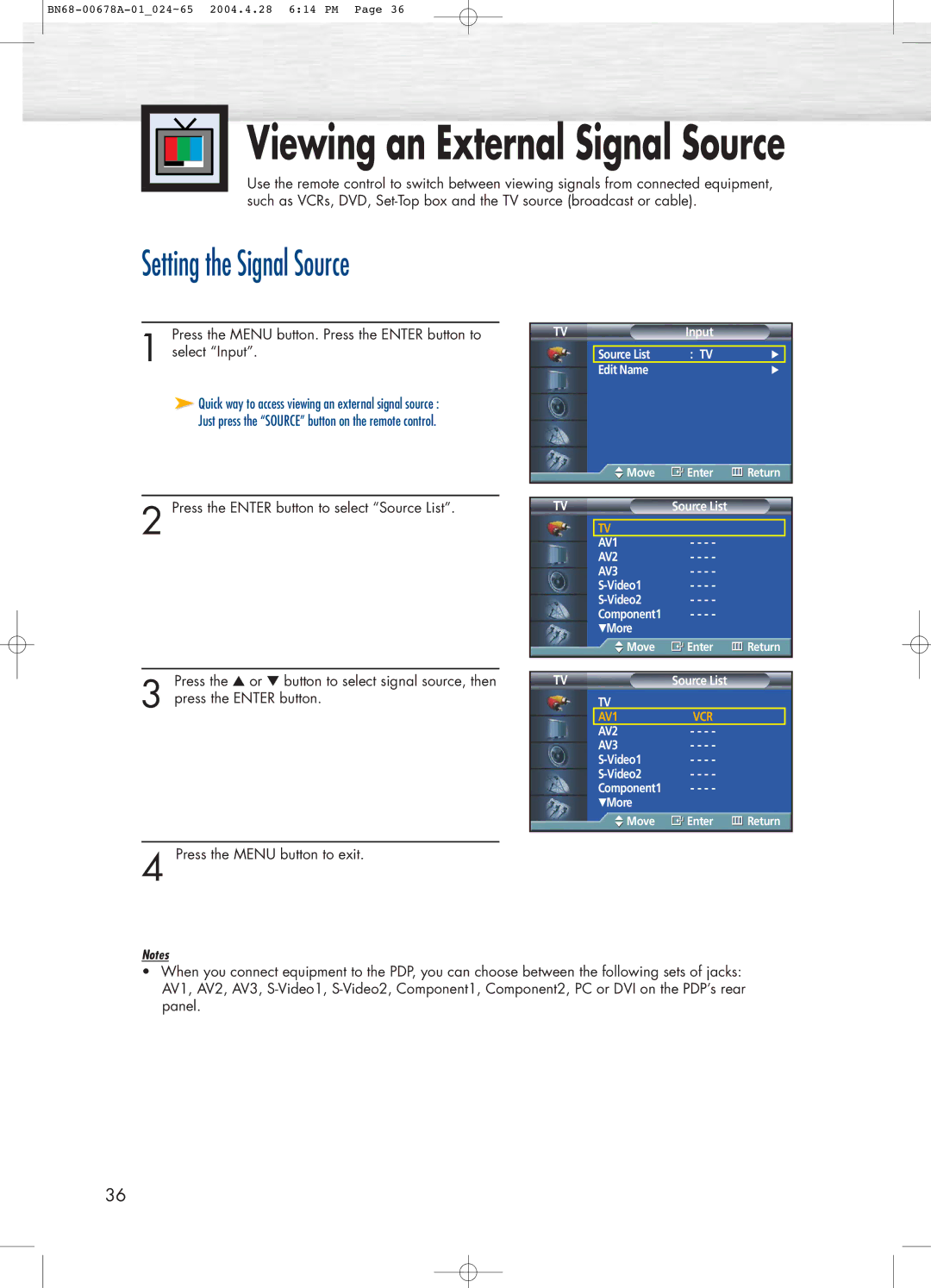 Samsung HP-P4261 manual Viewing an External Signal Source, Setting the Signal Source 