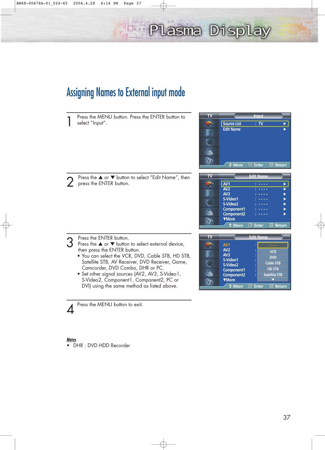 Samsung HP-P4261 manual Assigning Names to External input mode 