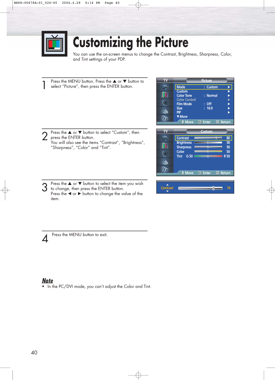 Samsung HP-P4261 manual Customizing the Picture, Pip 