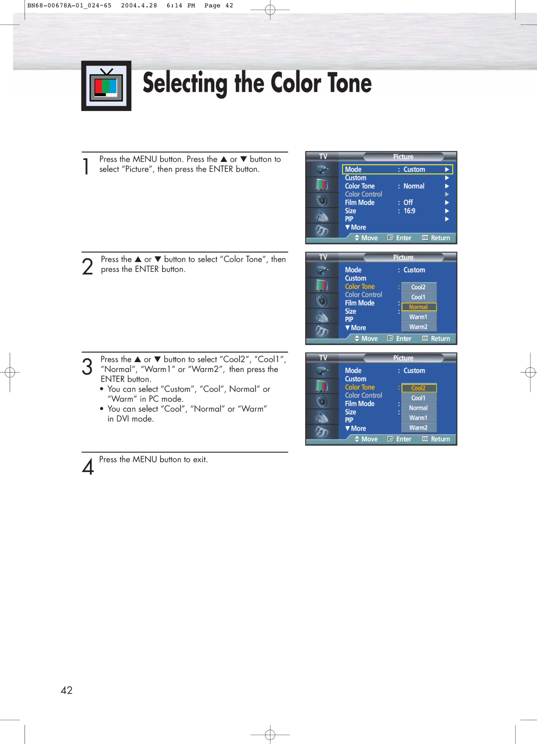 Samsung HP-P4261 manual Selecting the Color Tone 