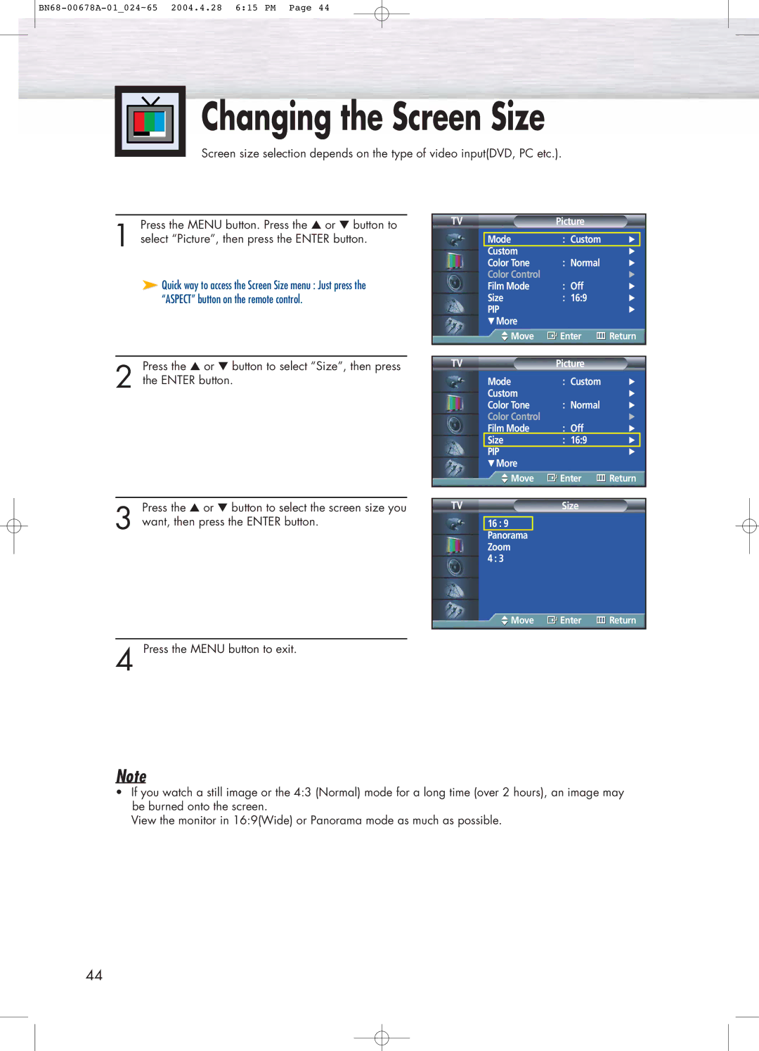 Samsung HP-P4261 manual Changing the Screen Size 