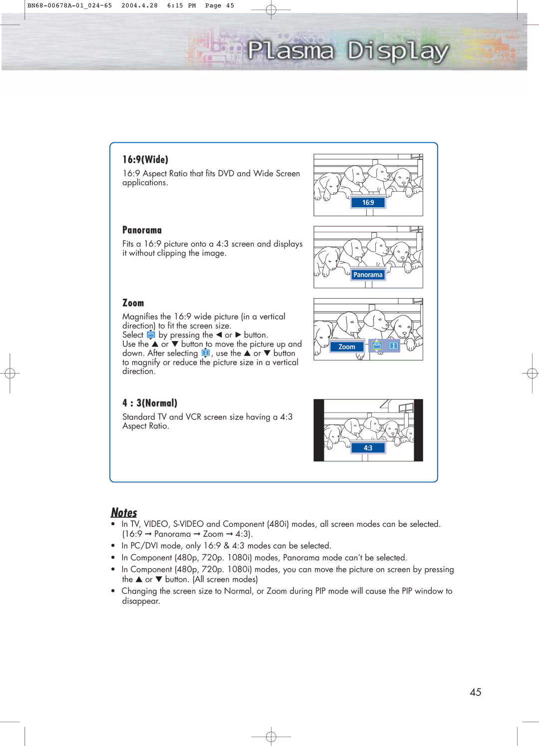 Samsung HP-P4261 manual 169Wide, Panorama, Zoom, 3Normal 