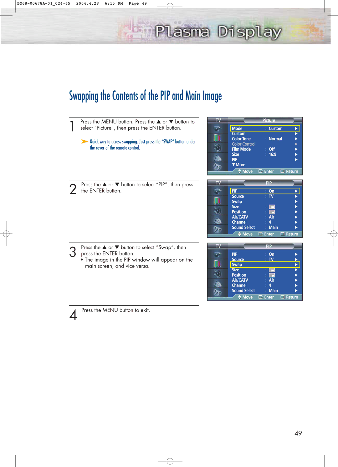 Samsung HP-P4261 manual Swapping the Contents of the PIP and Main Image 