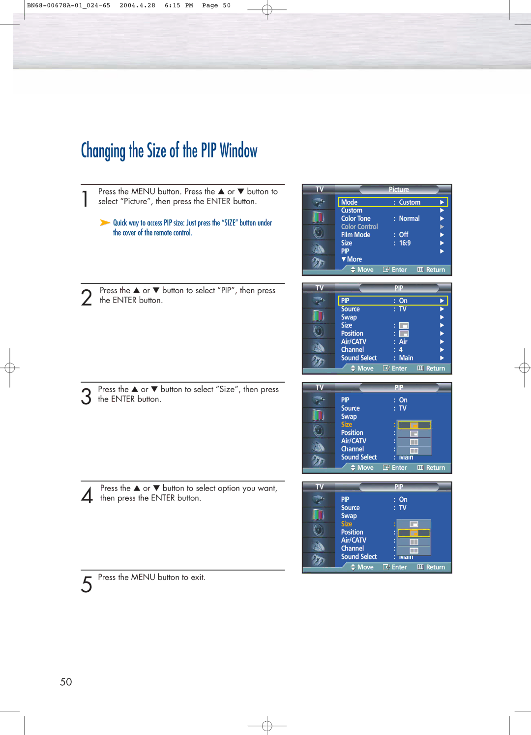 Samsung HP-P4261 manual Changing the Size of the PIP Window 