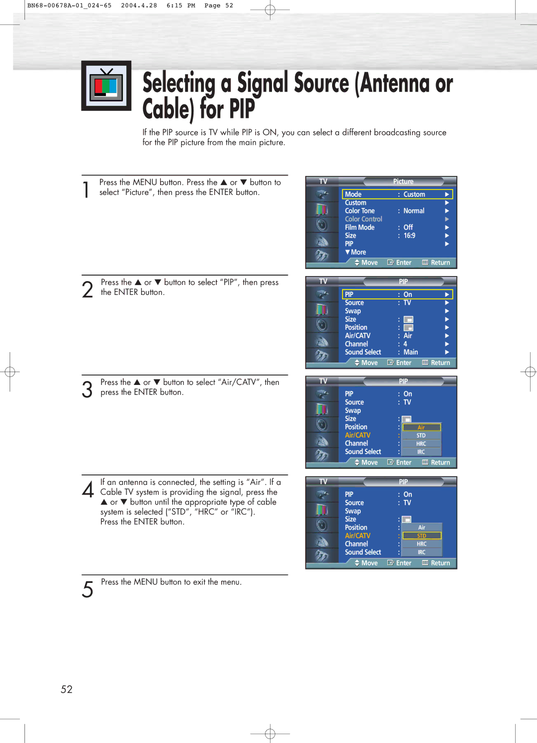 Samsung HP-P4261 manual Selecting a Signal Source Antenna or Cable for PIP 