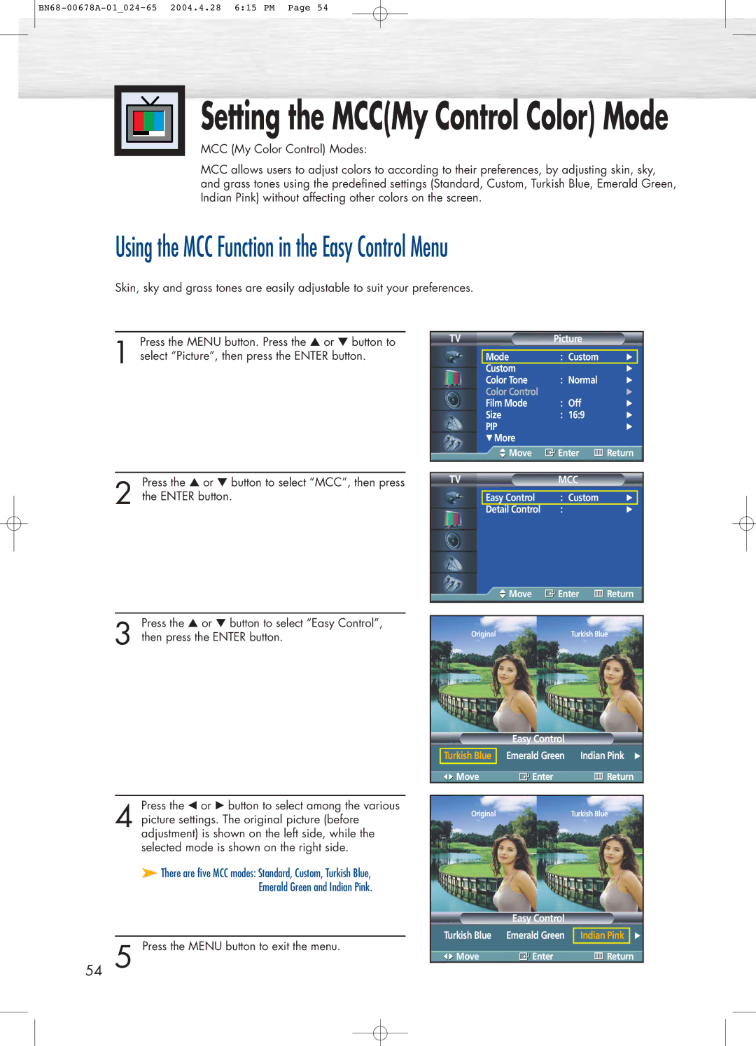 Samsung HP-P4261 manual Setting the MCCMy Control Color Mode, Using the MCC Function in the Easy Control Menu 