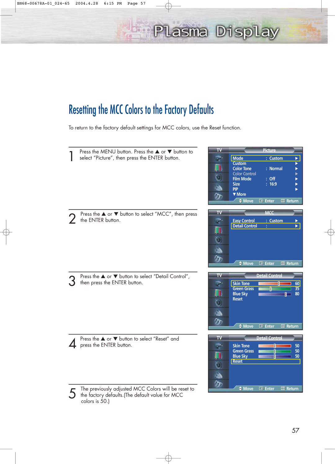 Samsung HP-P4261 manual Resetting the MCC Colors to the Factory Defaults 