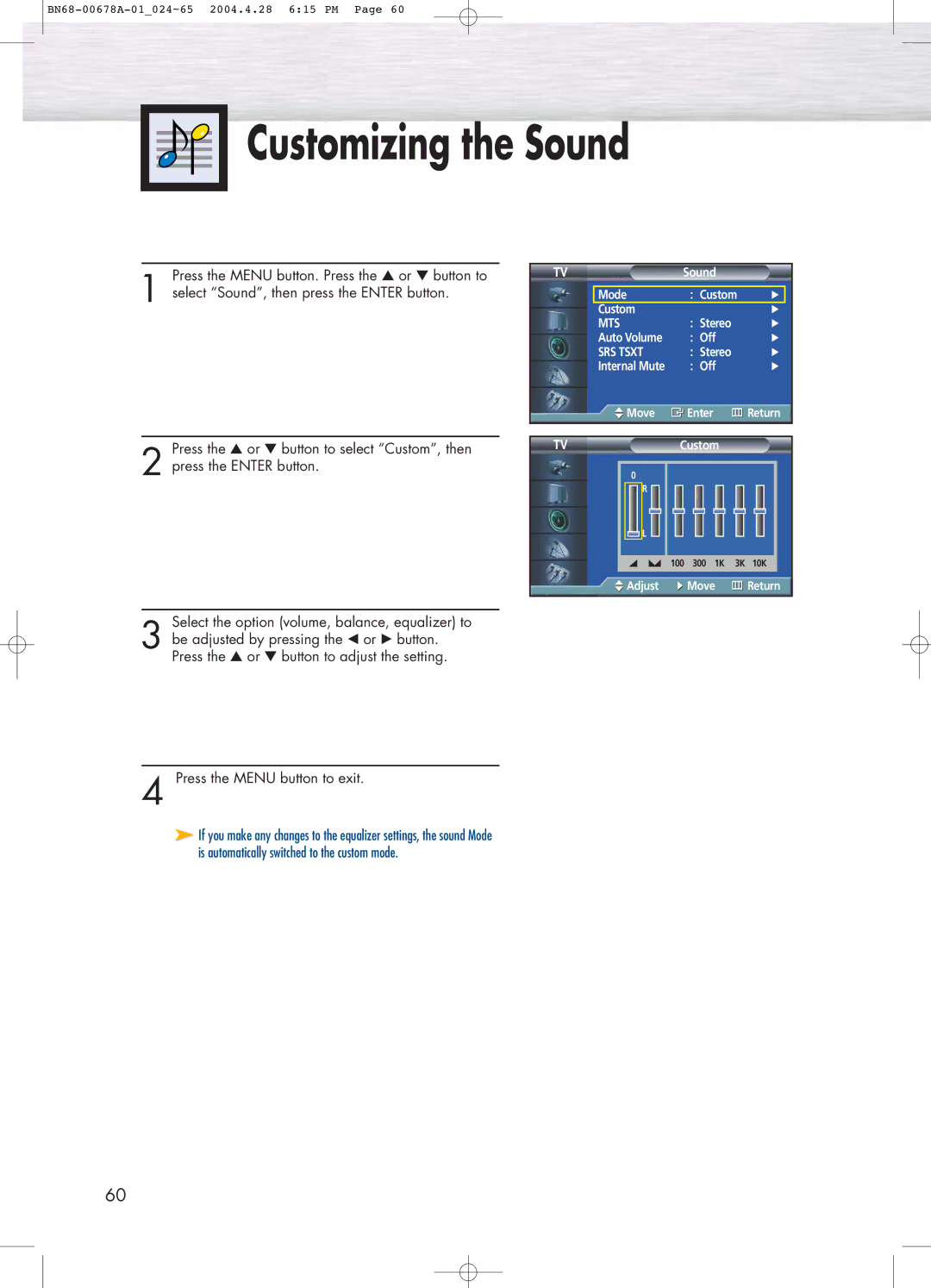 Samsung HP-P4261 manual Customizing the Sound, SRS Tsxt 