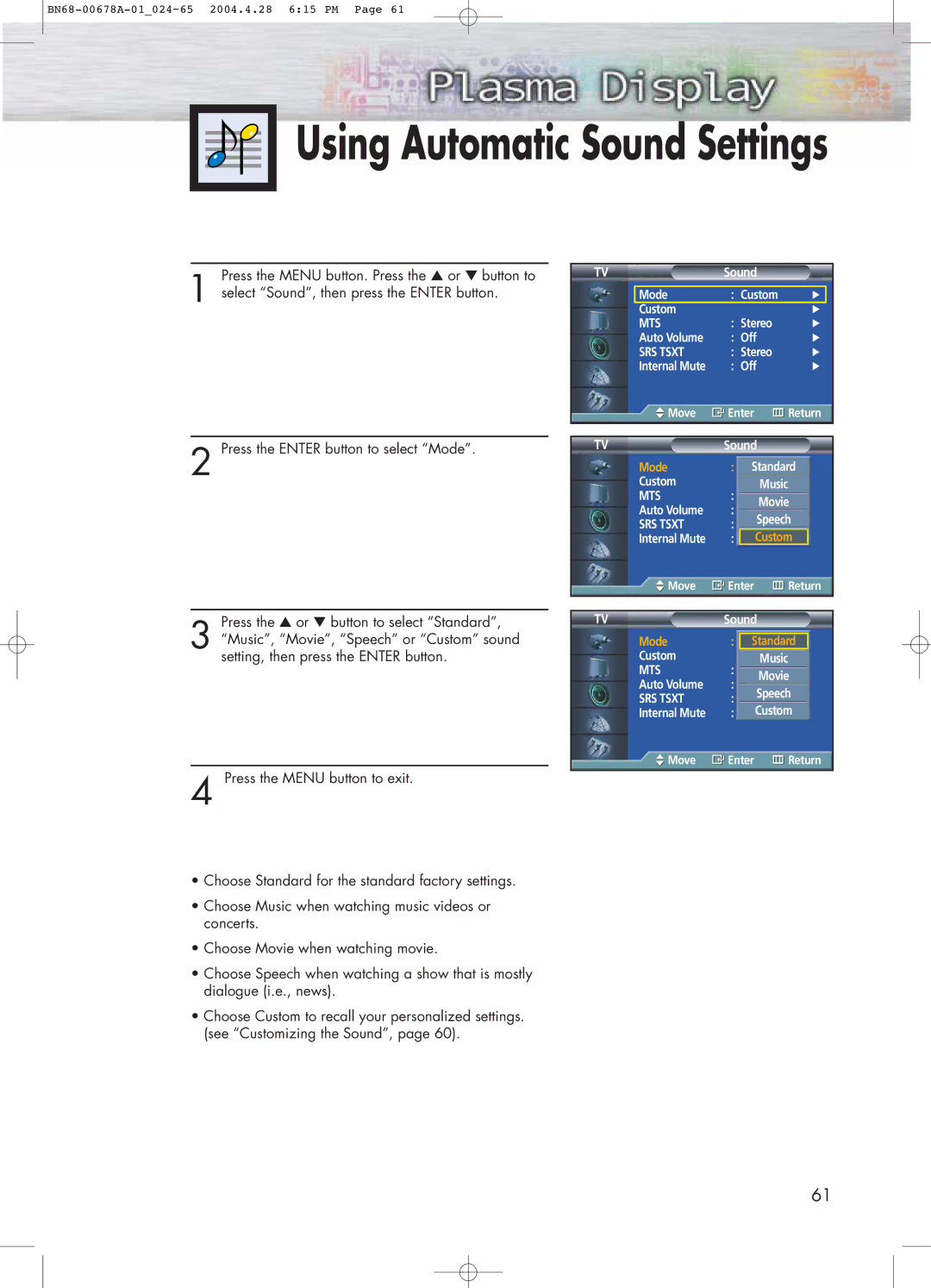 Samsung HP-P4261 manual Using Automatic Sound Settings 