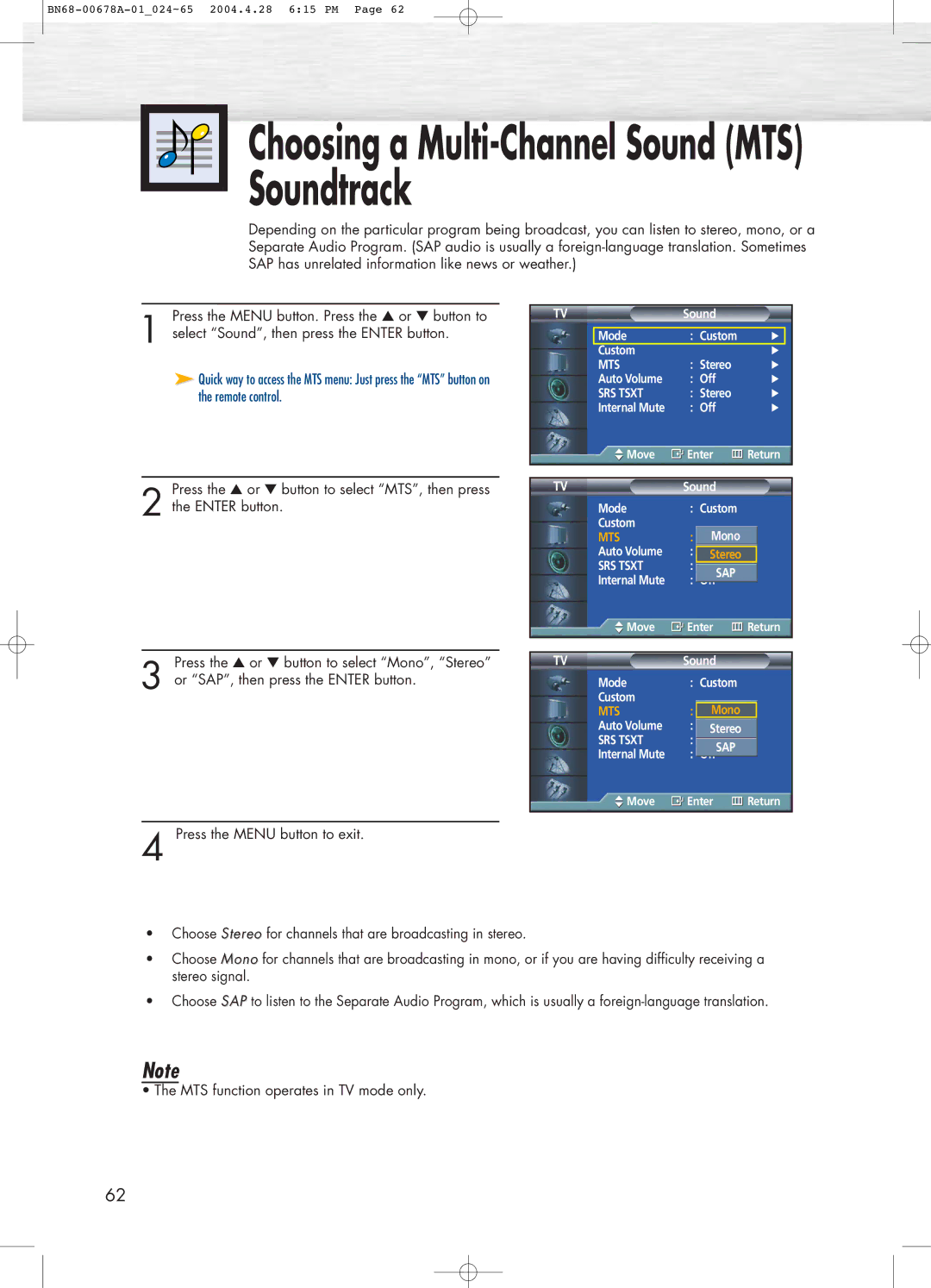 Samsung HP-P4261 manual Choosing a Multi-Channel Sound MTS Soundtrack 