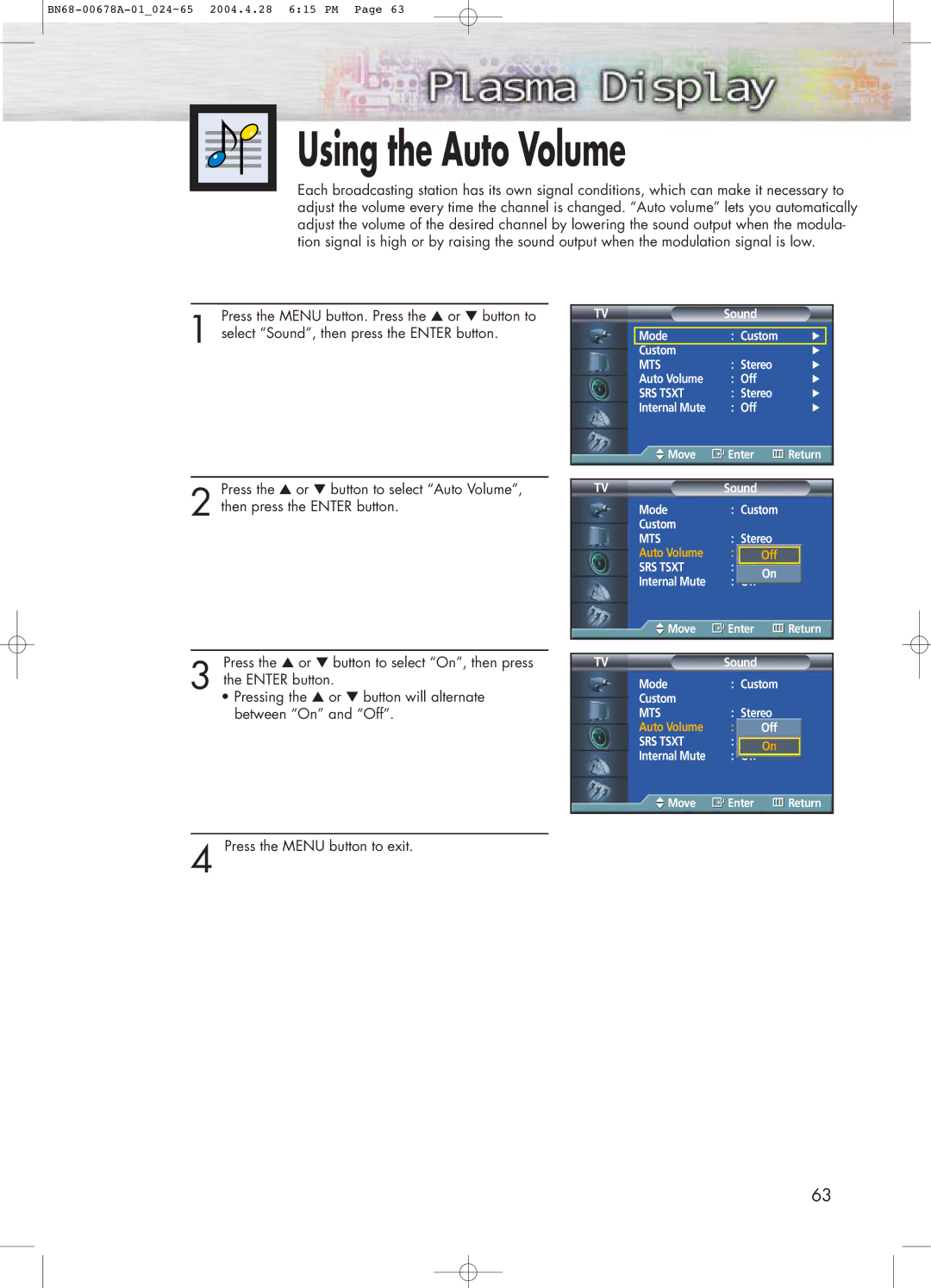 Samsung HP-P4261 manual Using the Auto Volume 