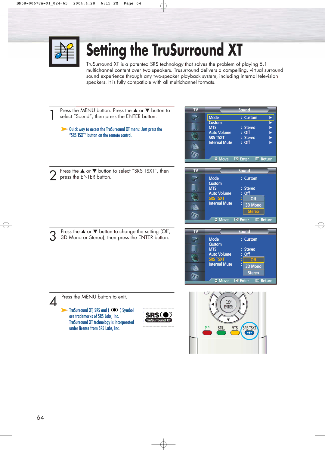 Samsung HP-P4261 manual Setting the TruSurround XT, TruSurround XT, SRS and Symbol 