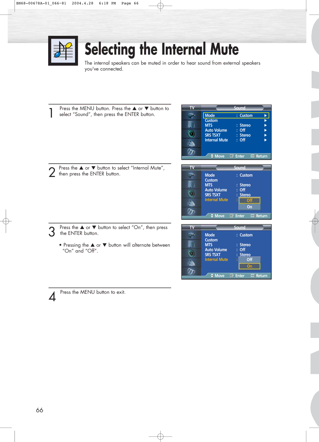 Samsung HP-P4261 manual Selecting the Internal Mute 