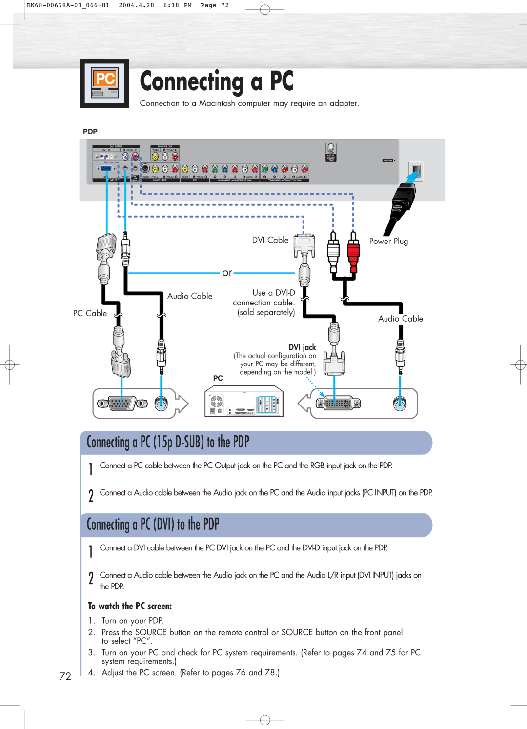 Samsung HP-P4261 manual Connecting a PC, To watch the PC screen 