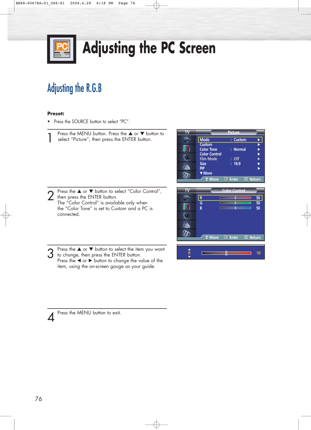 Samsung HP-P4261 manual Adjusting the PC Screen, Adjusting the R.G.B 