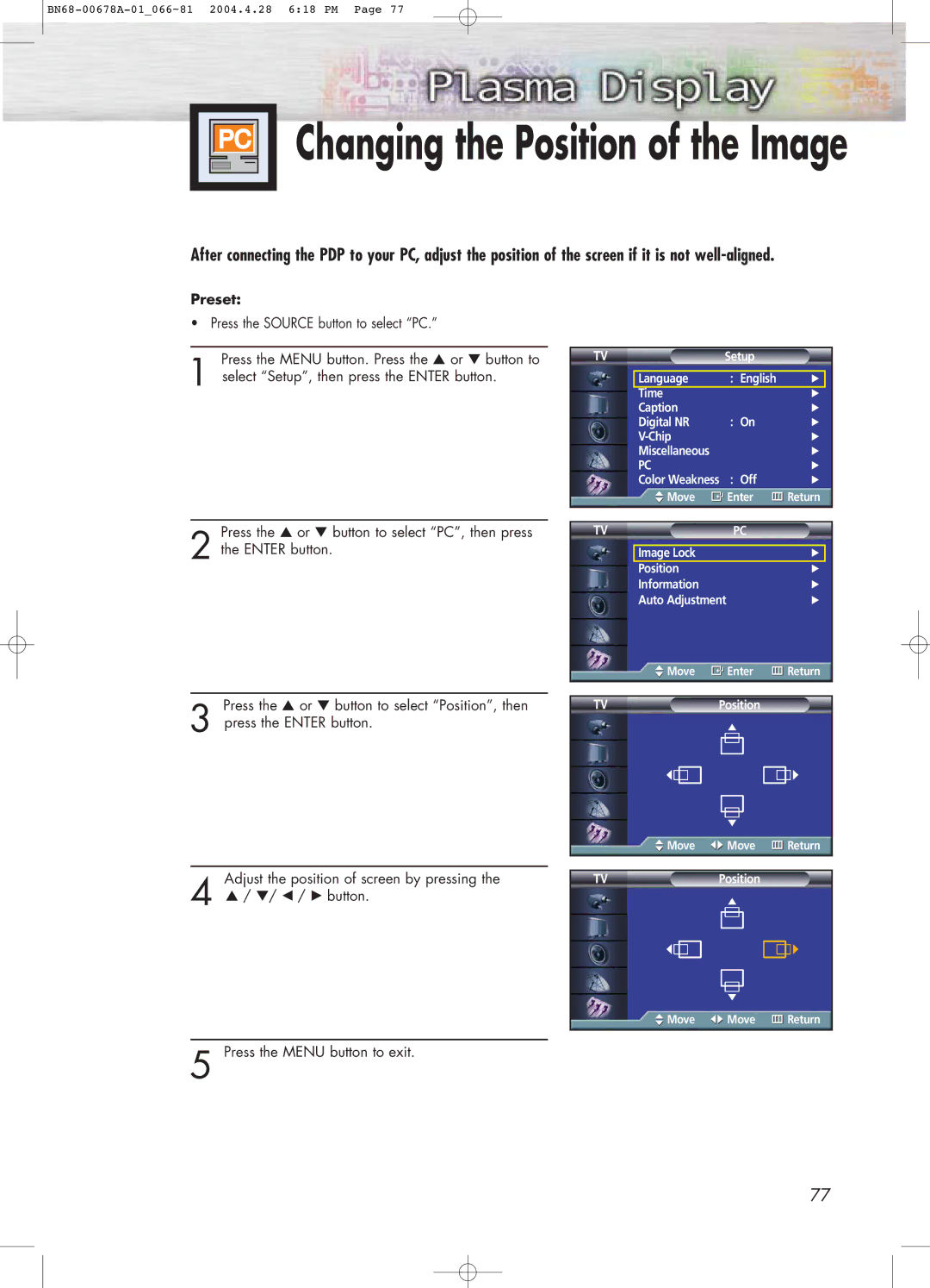 Samsung HP-P4261 manual Changing the Position of the Image 