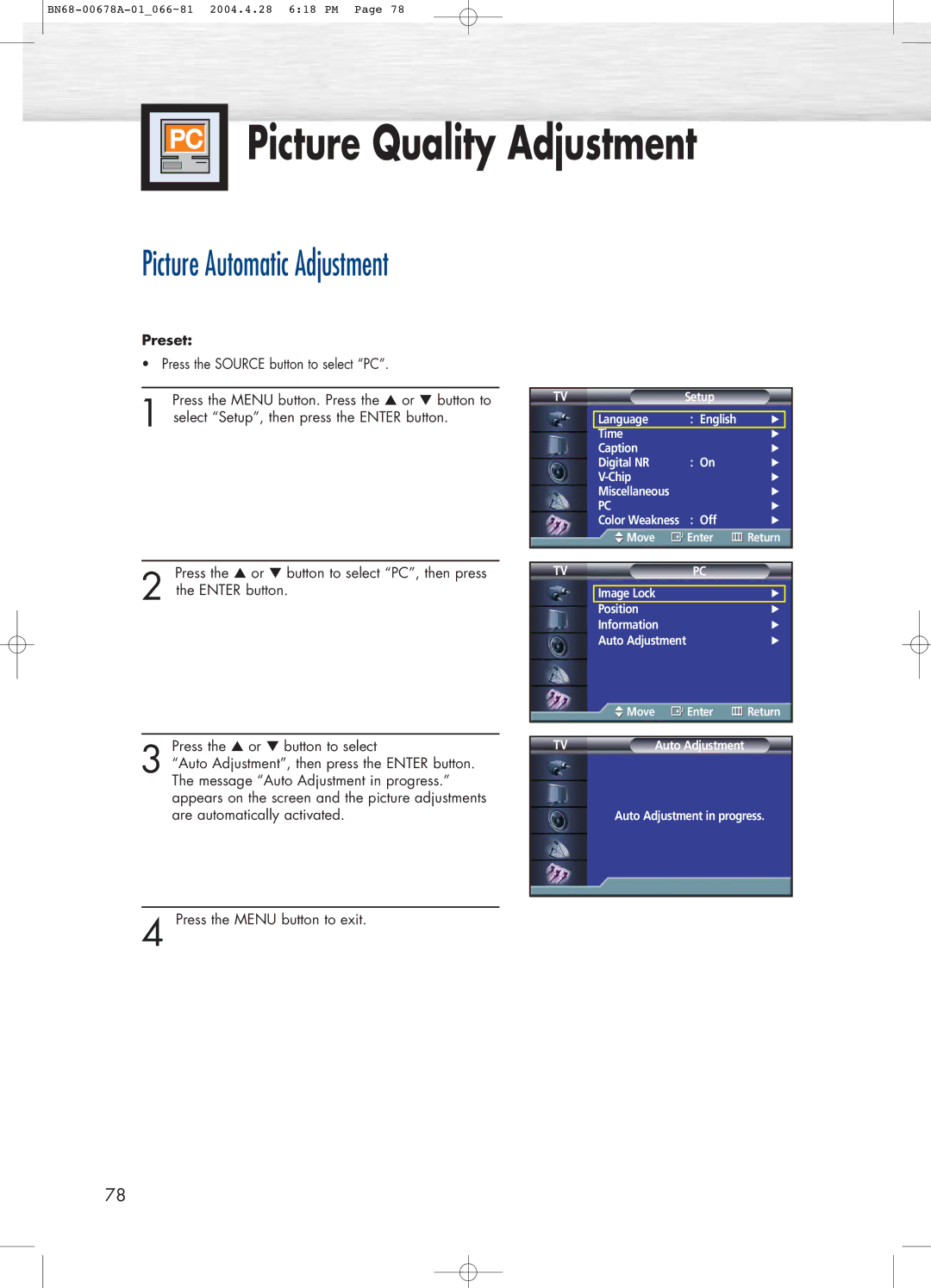 Samsung HP-P4261 manual Picture Quality Adjustment, Picture Automatic Adjustment 