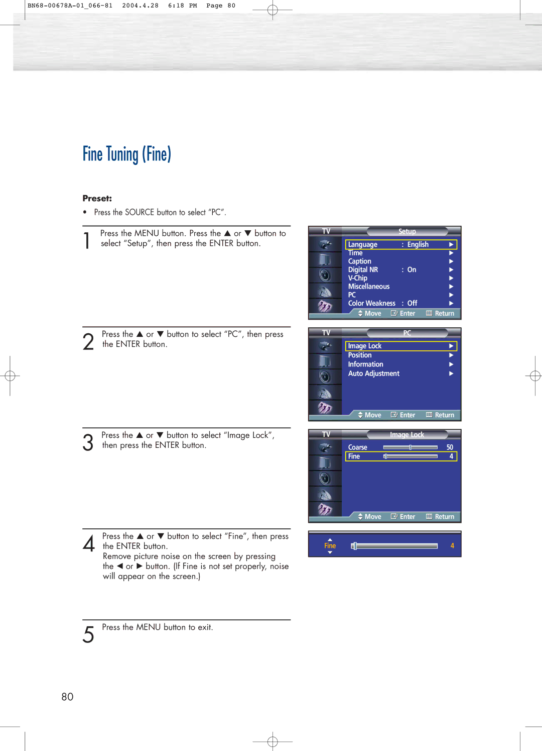 Samsung HP-P4261 manual Fine Tuning Fine 