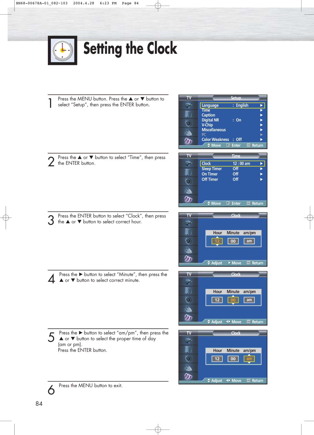 Samsung HP-P4261 manual Setting the Clock 