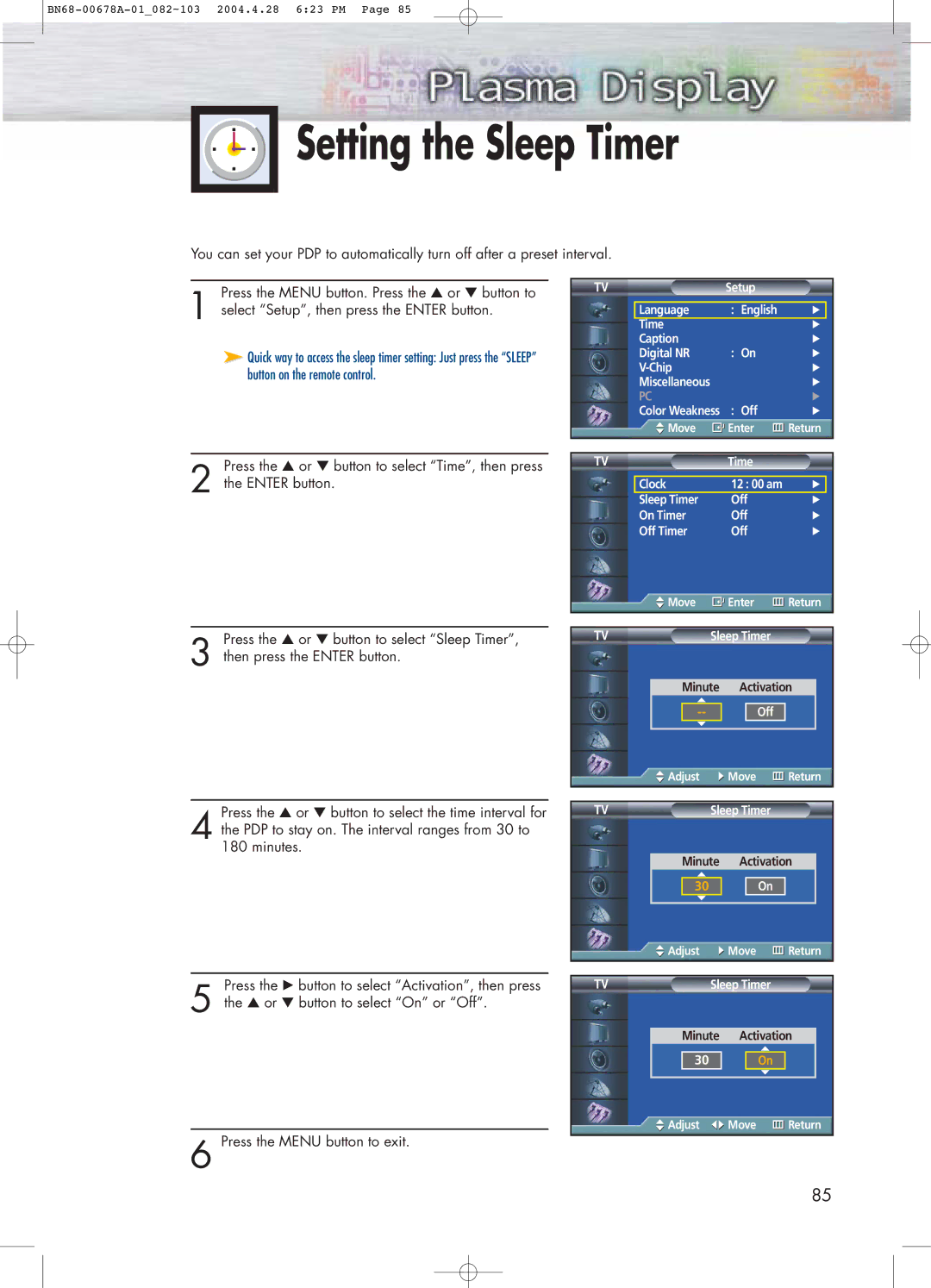 Samsung HP-P4261 manual Setting the Sleep Timer 